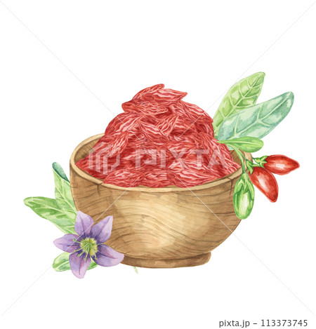 Dry Goji berries in a wooden bowl in watercolor isolated on white background. Hand-drawn clipart of superfood licium barbarum fruits. Design for printing, packaging, cards, posters, food supplements Dry Goji berries in a wooden bowl in watercolor isolated on white background. Hand-drawn clipart of superfood licium barbarum fruits. Design for printing, packaging, cards, posters, food supplements 113373745