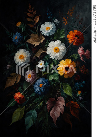Still life painting with abstract colorful flowers, modern impressionism style. Generative AI 113373799