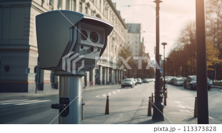 A small pole equipped with a camera is installed on the street side A small pole equipped with a camera is installed on the street side 113373828