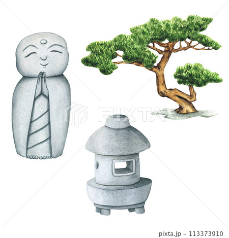 Japanese Stone Lantern and Bonsai tree of Pine for the Garden hand drawn in watercolor isolated. Hand drawn Watercolor illustration sculpture. Stone buddha Monk statue, Landscape design element 113373910