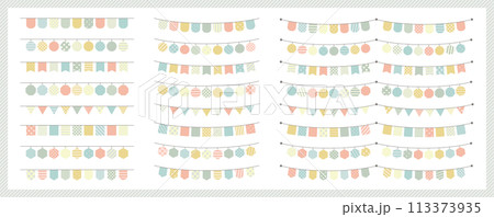 ガーランド　旗　セット　カラフル　ポップ　装飾　飾り罫　バリエーション　線画　シンプル　かわいい 113373935