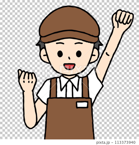 男性のカフェ店員がガッツポーズをしている 113373940