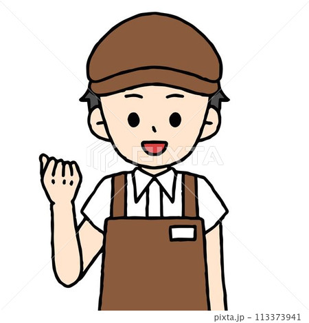 男性のカフェ店員がガッツポーズをしている 113373941