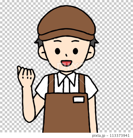 男性のカフェ店員がガッツポーズをしている 113373941