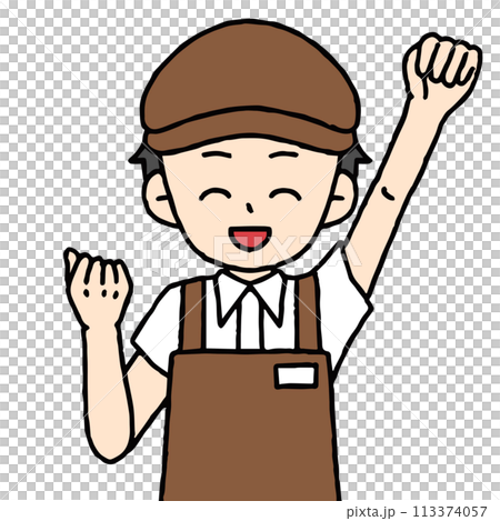 A male cafe employee is doing a fist pump 113374057