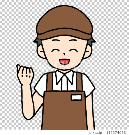 一位男性咖啡館店員正在做拳頭泵 一位男性咖啡館店員正在做拳頭泵 113374058