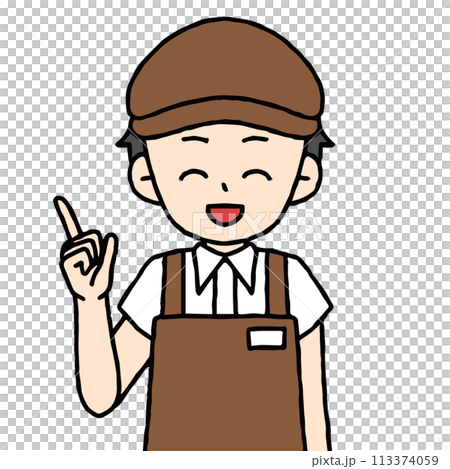 一位男性咖啡館店員指著 一位男性咖啡館店員指著 113374059