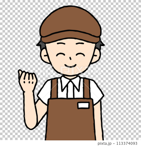 A male cafe employee is doing a fist pump 113374093