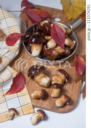 Several Imleria Badia or Boletus badius mushrooms commonly known as the bay bolete and vintage pan with mushrooms on wooden cutting board.. 113374291