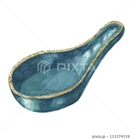 Ceramic spoon in watercolor. Hand drawn clipart of empty porcelain spatula in Asian style. Design of traditional kitchen utensil for printing, packaging, design isolated on white background Ceramic spoon in watercolor. Hand drawn clipart of empty porcelain spatula in Asian style. Design of traditional kitchen utensil for printing, packaging, design isolated on white background 113374559