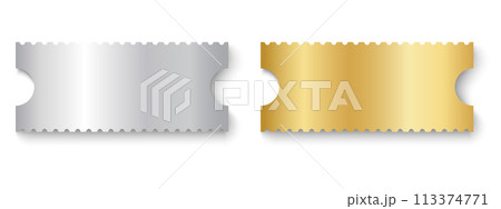 Silver and gold ticket mockups. Shining metallic raffle, win lottery, coupon offer, jackpot lotto templates. Cards for entrance or seating in exclusive luxury style. Vector realistic illustration Silver and gold ticket mockups. Shining metallic raffle, win lottery, coupon offer, jackpot lotto templates. Cards for entrance or seating in exclusive luxury style. Vector realistic illustration 113374771