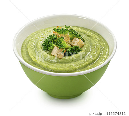 Broccoli cream soup with croutons isolated on white background, full depth of field, package design element 113374811