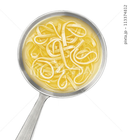 Instant noodle soup in ladle isolated on white background, top view, package design element 113374812