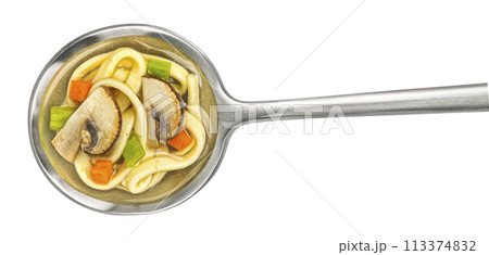 Instant noodle soup with mushrooms in spoon isolated on white background, top view, package design element Instant noodle soup with mushrooms in spoon isolated on white background, top view, package design element 113374832