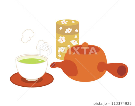 常滑焼の急須と茶筒と茶托とお茶の注がれた湯呑のイラストのセット 常滑焼の急須と茶筒と茶托とお茶の注がれた湯呑のイラストのセット 113374923