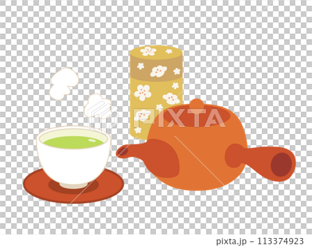 常滑焼の急須と茶筒と茶托とお茶の注がれた湯呑のイラストのセット 常滑焼の急須と茶筒と茶托とお茶の注がれた湯呑のイラストのセット 113374923