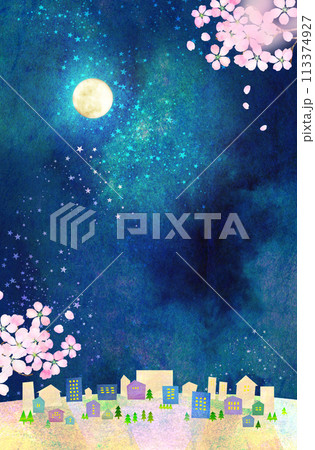 月夜の夜桜の背景素材　コラージュ素材 113374927
