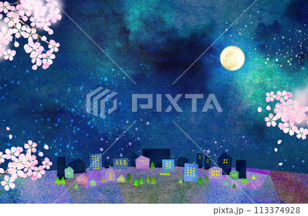 月夜の夜桜の背景素材　コラージュ素材 113374928