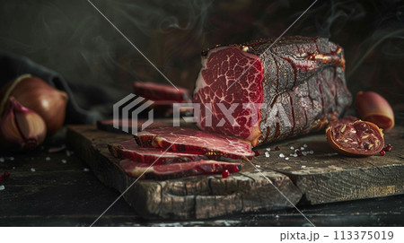 Smokey Artisanal Cured Meat on Wooden Board 113375019