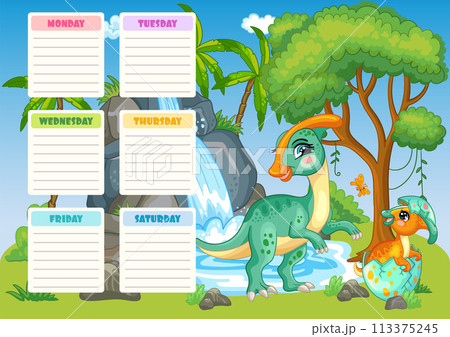 Kids school schedule weekly planner with two dinosaurs vector Kids school schedule weekly planner with two dinosaurs vector 113375245