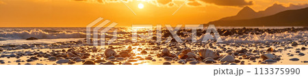 A rocky beach and the ocean at sunset 113375990