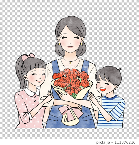 子供たちに母の日のカーネーションの花束をもらうお母さんのイラスト 113376210