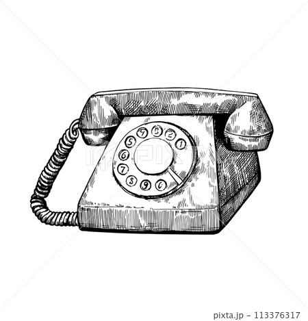 Retro telephone in vintage engraving style. Vector hand drawn illustration isolated on white background 113376317