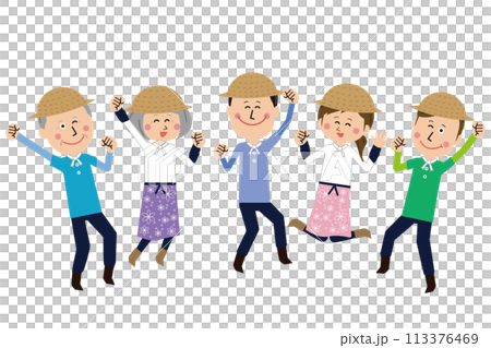 Five pop farm boys and girls jumping energetically 113376469