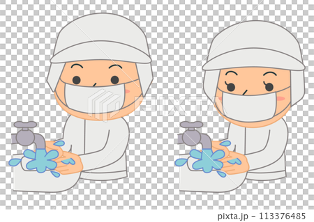 Set of male and female food processing workers washing their hands, upper body 113376485