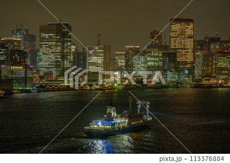 東京湾北側、港湾埠頭の夜景。 113376884