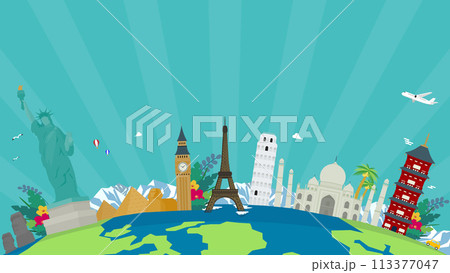 各国の世界遺産と地球で飾られた旅行の広告背景テンプレート（青） 113377047