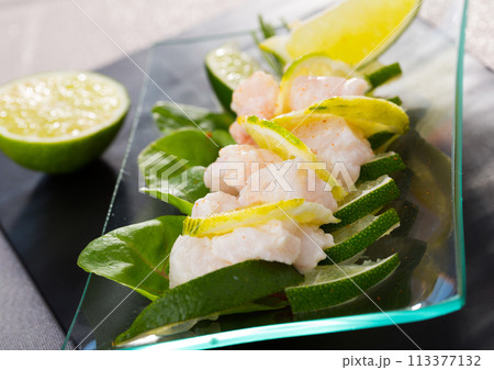 Freshly prepared merluza ceviche Freshly prepared merluza ceviche 113377132