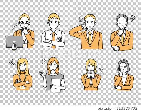困ったり悩んだりするビジネスパーソン、フリーランスのイラスト 困ったり悩んだりするビジネスパーソン、フリーランスのイラスト 113377702