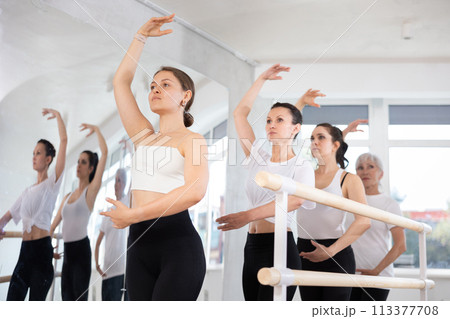 Fit young woman performing fourth position during ballet training 113377708