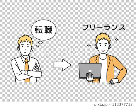 転職に悩み会社員からフリーランスになる男性のイラスト 113377718