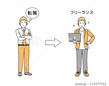 転職に悩み会社員からフリーランスになる男性のイラスト 113377722