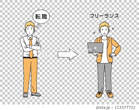転職に悩み会社員からフリーランスになる男性のイラスト 113377722