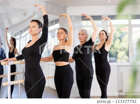 Group of women mastering third position at ballet barre Group of women mastering third position at ballet barre 113377792