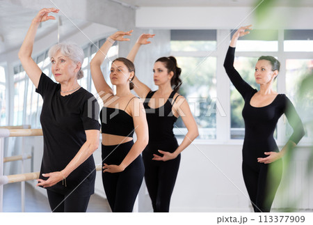 Experienced choreographer teaches ballet dancers movements at ballet barre in choreographic studio 113377909