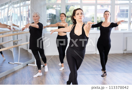 Woman practicing basic movements during group ballet class 113378042