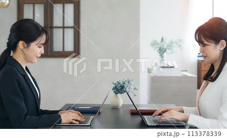 カジュアルなオフィスでPC作業する二人のビジネスウーマン 113378339
