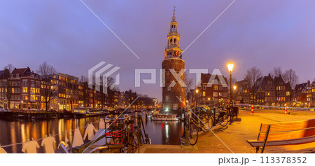 Amsterdam canal and tower Montelbaanstoren, Holland Amsterdam canal and tower Montelbaanstoren, Holland 113378352