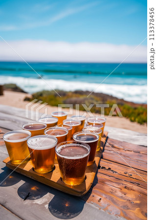 A wooden tray with a variety of beer glasses on it 113378456