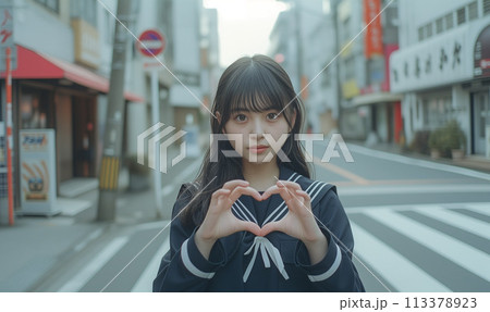 手でハートを作る女子高生 113378923