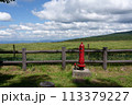 赤い消火栓のある牧草地の風景 青い空 白い雲 雄大 113379227