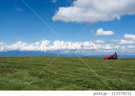 夏の青空と赤いトラクター 草刈り機 初夏 積乱雲 113379231