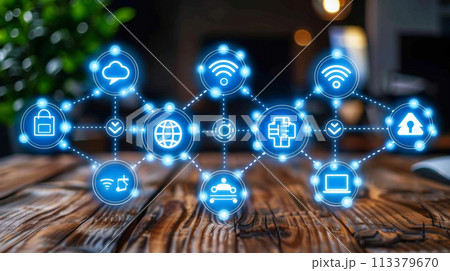 IoTのイメージ：ちょっと古風な木の机の上に通信で接続されたあらゆるものがある