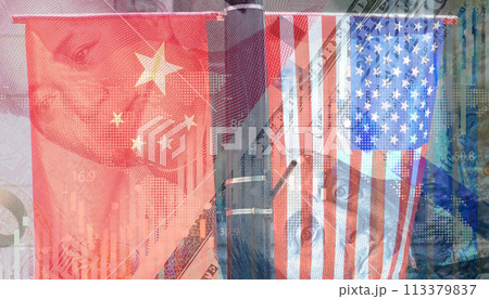 米中貿易摩擦のイメージのコラージュ 113379837