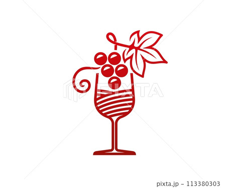 Grape wine icon, vector grapevine forming grapes cluster with berries and leaf in the wineglass. Stylish red vintage label for bar or restaurant menu. Elegant, sophisticated alcohol beverage emblem 113380303