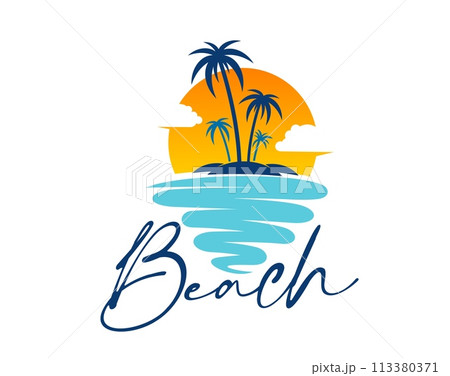 Tropical summer beach icon with palm trees on island, radiant sun and blue sea waves. Isolated vector emblem embodying the essence of paradise, travel, tourism, vacation and relaxation on resort 113380371
